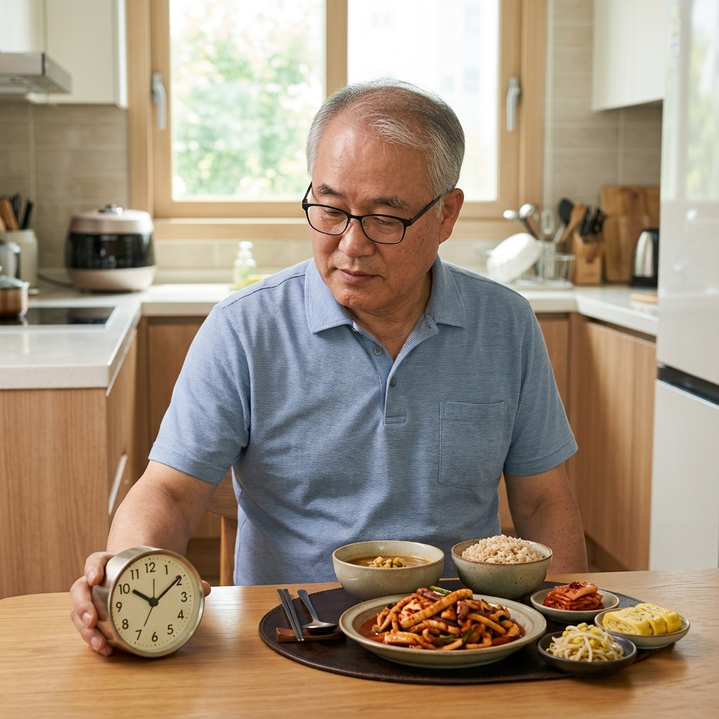 밝은 주방에서 반팔 셔츠를 입은 70대 남성이 테이블 위 시계와 식사 준비된 접시를 함께 보며 식사 시간을 확인하는 모습