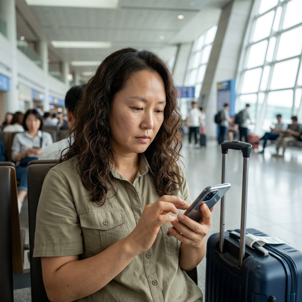 공항 대합실에서 중장년 여성이 스마트폰 화면을 보며 설정 메뉴를 확인하고 있는 모습, 옆에 캐리어가 놓여 있고 자연광이 들어오는 배경