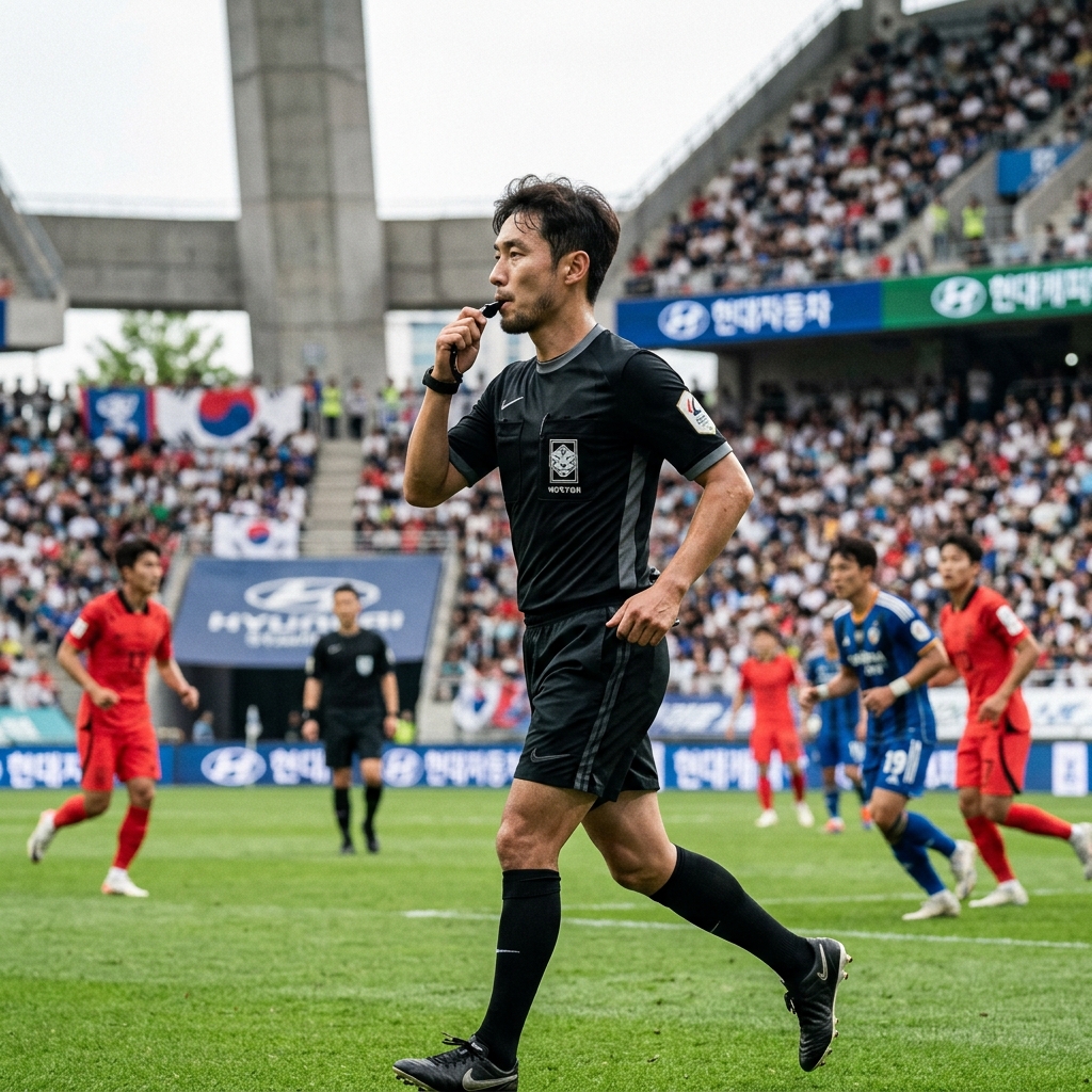 축구 경기장에서 호루라기를 불며 판정하는 심판의 모습