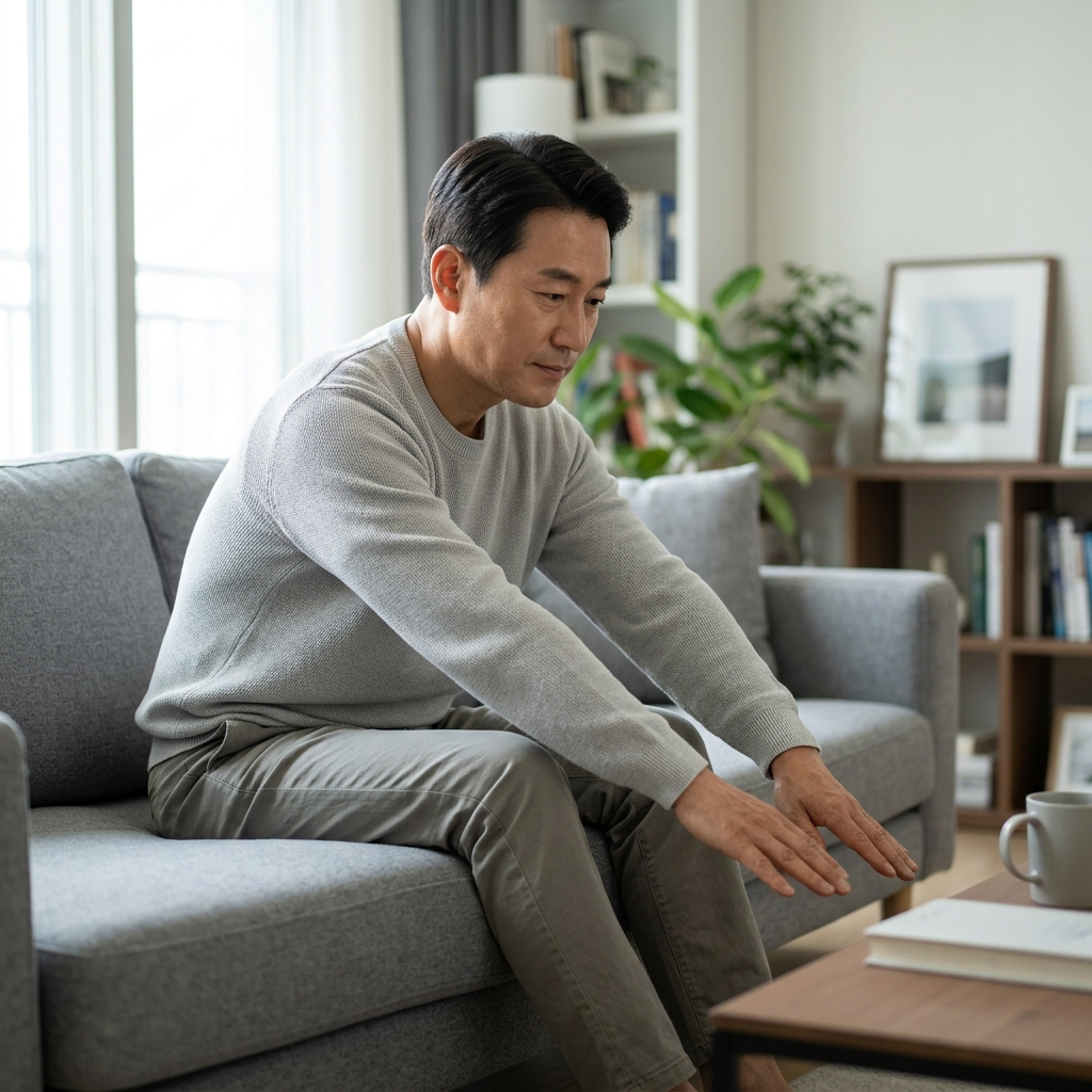 거실 소파에서 가벼운 스트레칭을 하고 있는 60대 중반 한국인 남성
