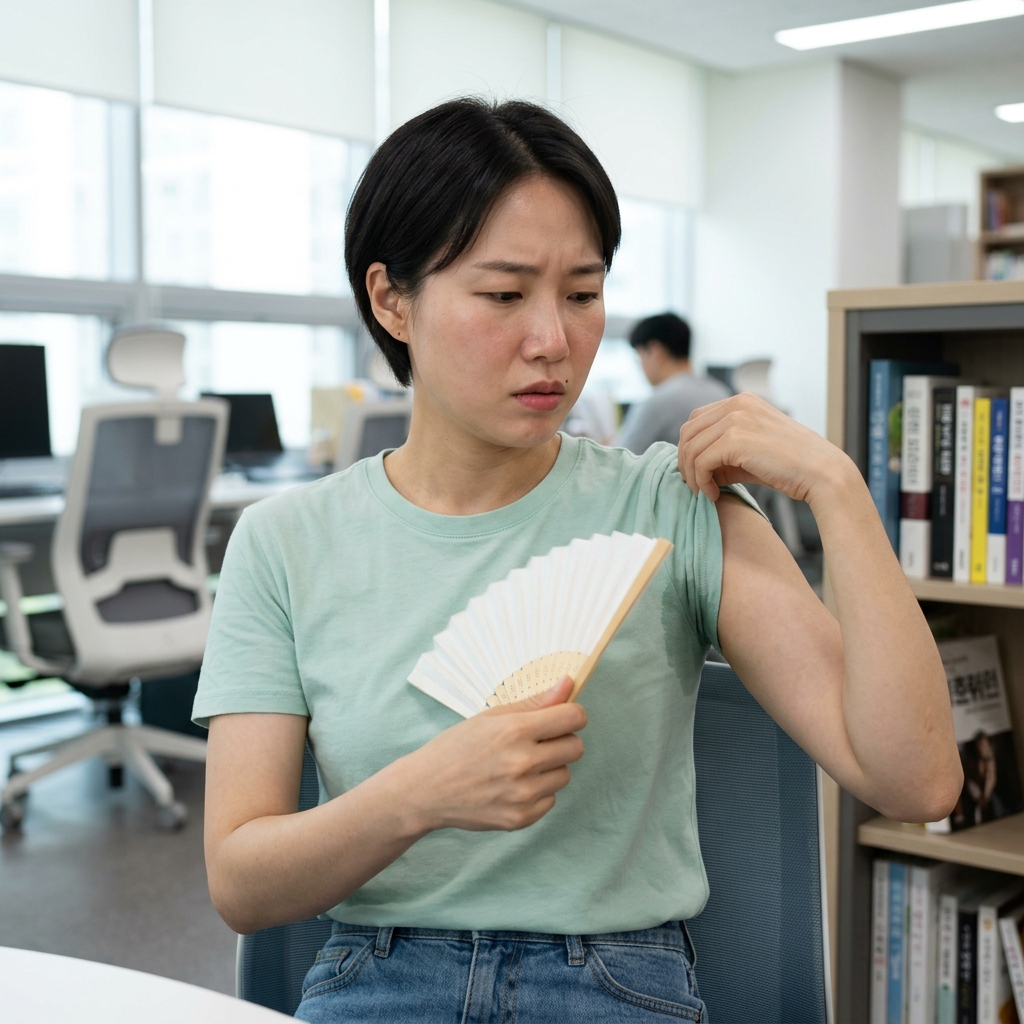 실내에서 겨드랑이 땀 때문에 불편해하며 부채질하는 중년 성인, 밝은 실내 배경