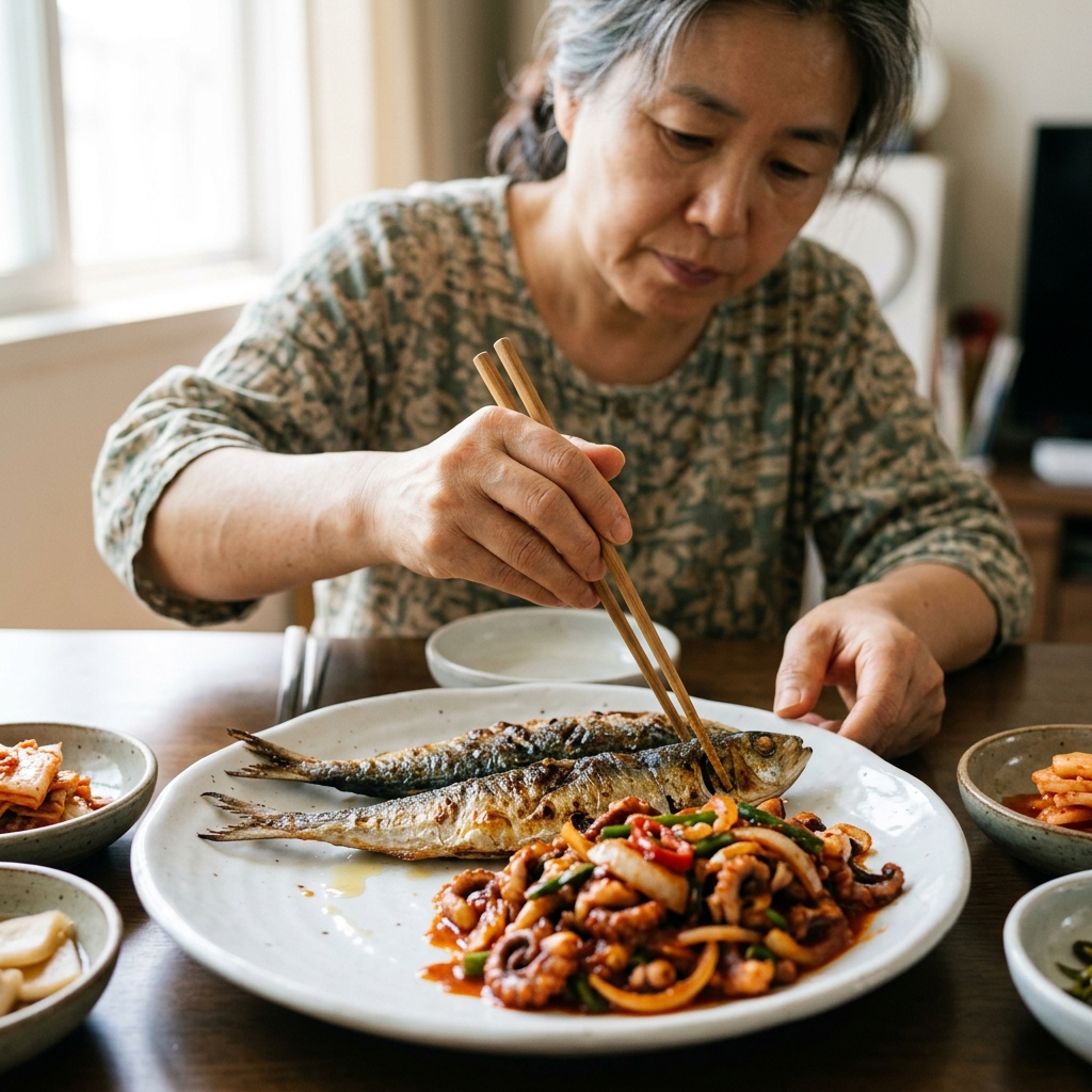 흰 접시 위 구운 전어와 낙지볶음이 함께 놓인 상차림, 실내 자연광 아래 한국인 중장년 손이 젓가락을 들고 있는 장면