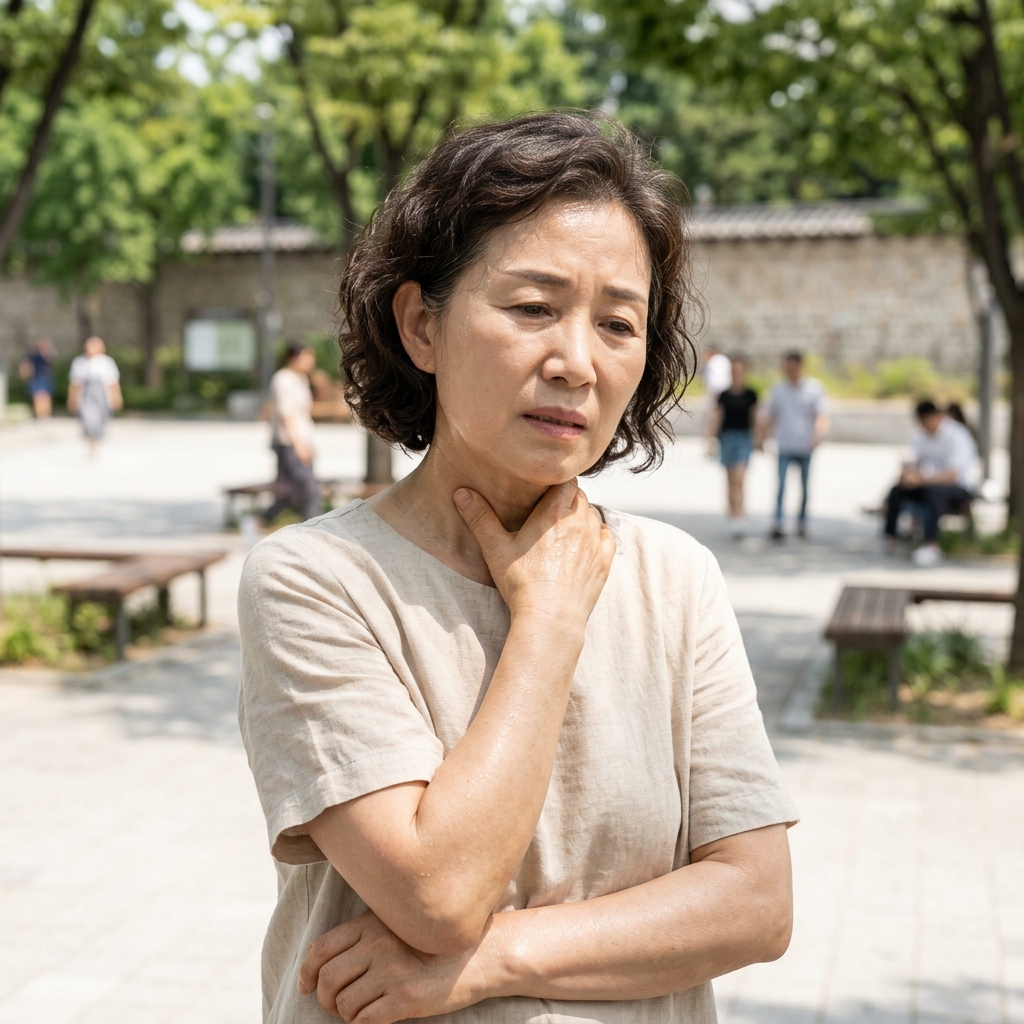 여름 한낮 실외에서 땀 흘리며 목을 손으로 누르고 불편한 표정을 짓는 중년 성인, 밝은 햇빛이 내리쌓는 개방 공간, 반팔 셔츠 착용