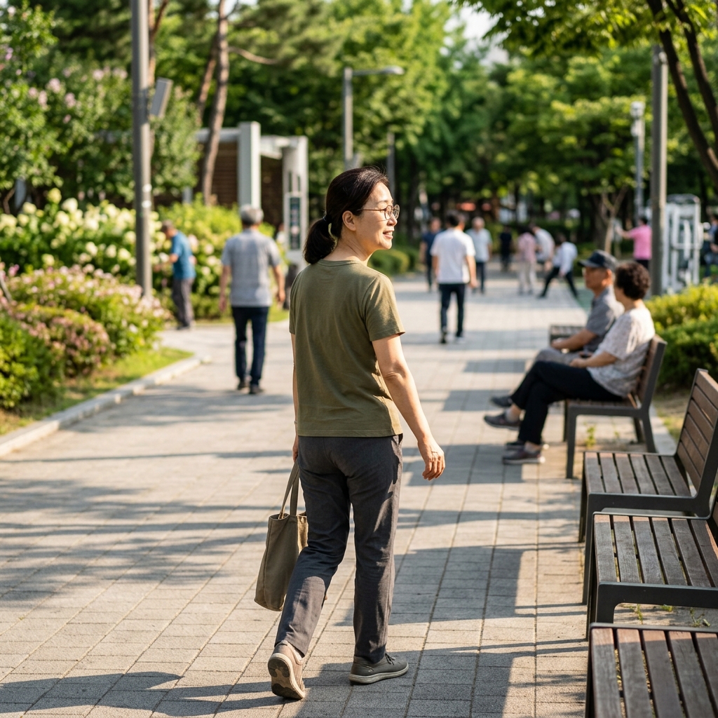 오후 공원 벤치 근처를 산책하는 60대 한국인, 반소매 셔츠, 따뜻한 햇살과 얕은 그림자