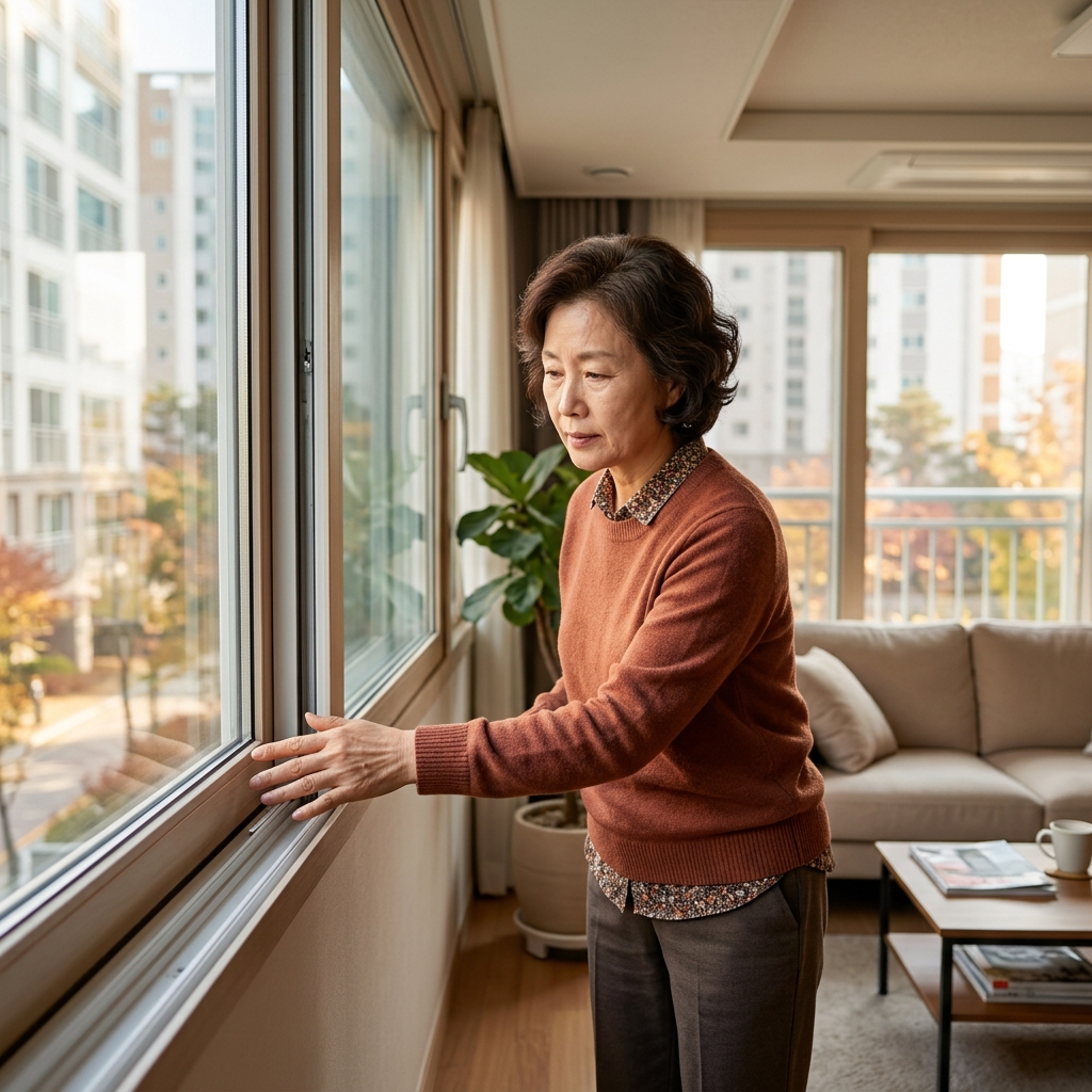 중년 여성이 거실 창틀을 손으로 훑으며 틈새를 점검하는 모습, 가을 햇살이 창가로 들어오는 아파트 실내