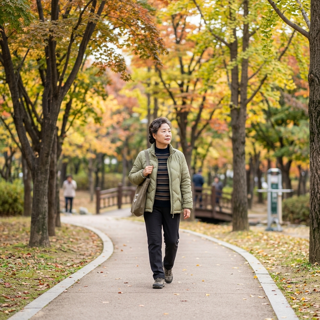 근린공원 산책로를 따라 걷는 60대 후반 한국인 여성, 얇은 겉옷을 입고 가을 나무 사이를 지나는 장면