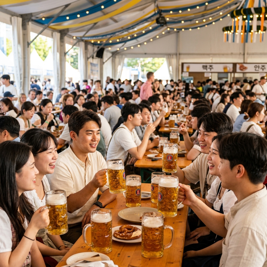 옥토버페스트 서울 현장 텐트와 맥주잔이 놓인 테이블 풍경