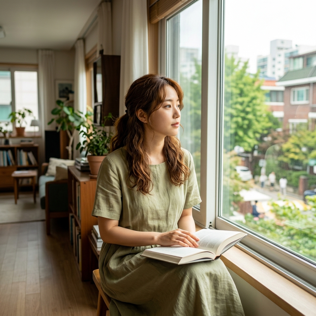 지브리 애니메이션 속 소녀가 책을 읽으며 창밖을 바라보는 장면