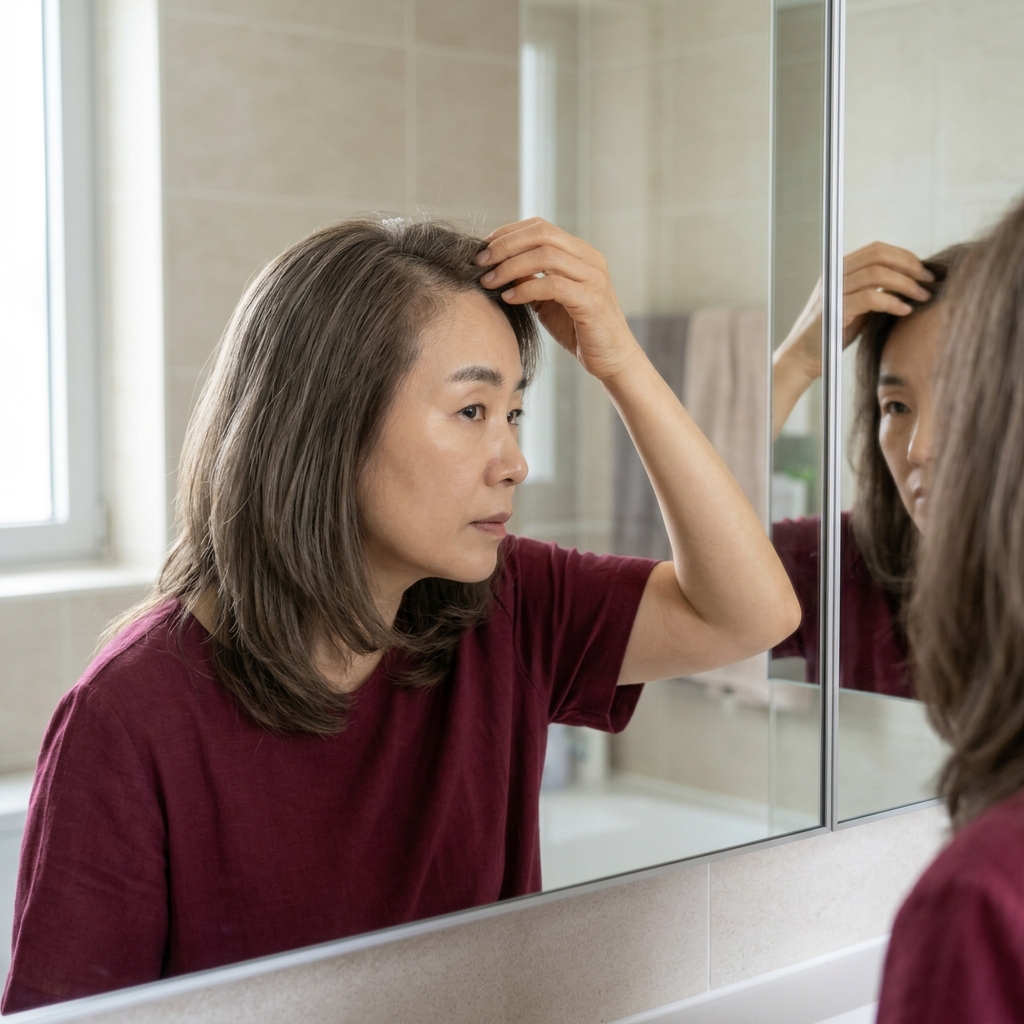 40대 여성이 거울 앞에서 가늘어진 머리카락을 손으로 만지며 확인하는 모습