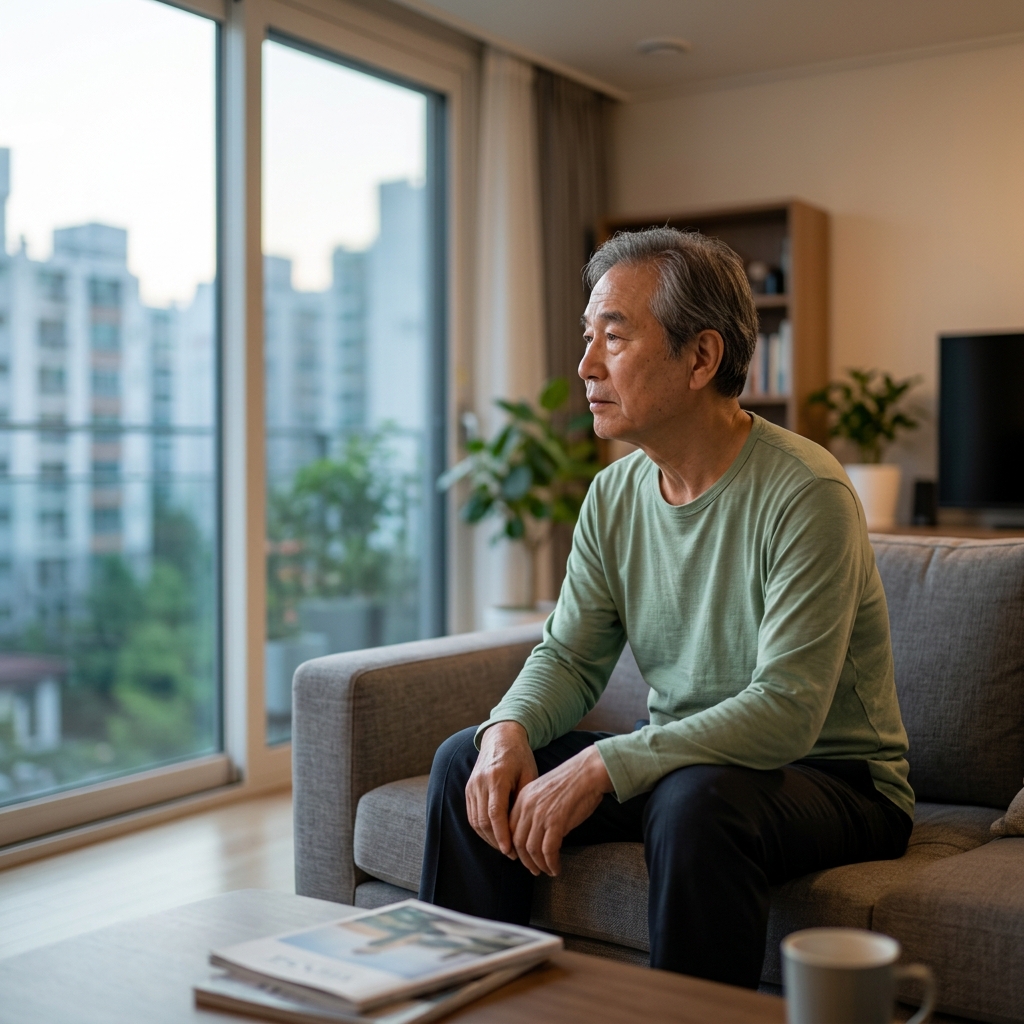 70대 남성이 거실 소파에 홀로 앉아 창밖을 바라보고 있는 모습, 얇은 긴팔 셔츠, 실내 조명, 조용한 분위기
