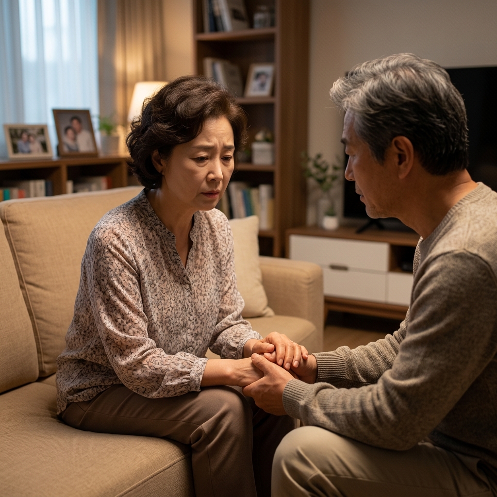 60대 후반 여성이 거실에서 남편의 손을 잡고 걱정스러운 표정으로 대화하는 모습, 차분한 실내 조명