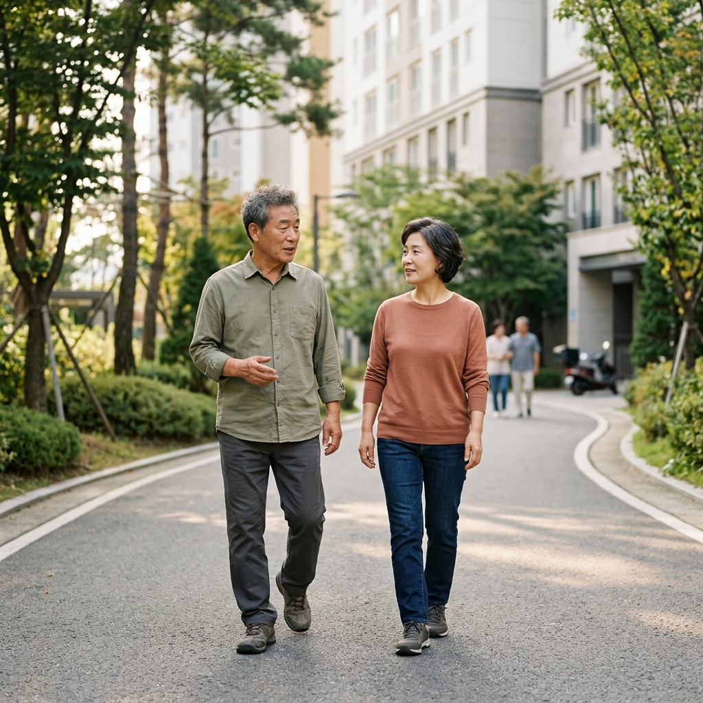70대 남성과 50대 여성이 아파트 단지 산책로를 천천히 걸으며 대화하는 모습, 얇은 긴팔 옷차림, 자연 채광