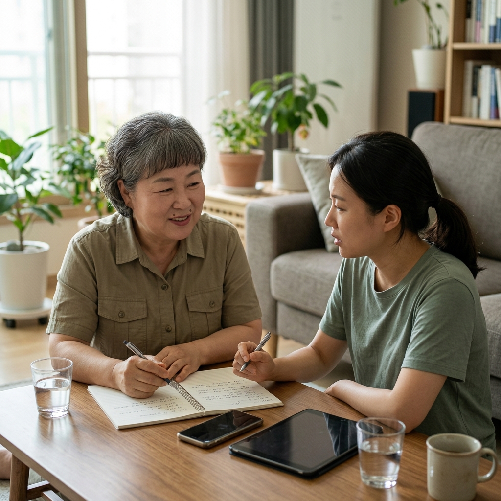 60대 후반 여성이 거실 테이블에서 딸과 마주 앉아 노트에 일 관련 조건을 정리하며 대화하는 장면, 자연광, 따뜻한 실내 분위기