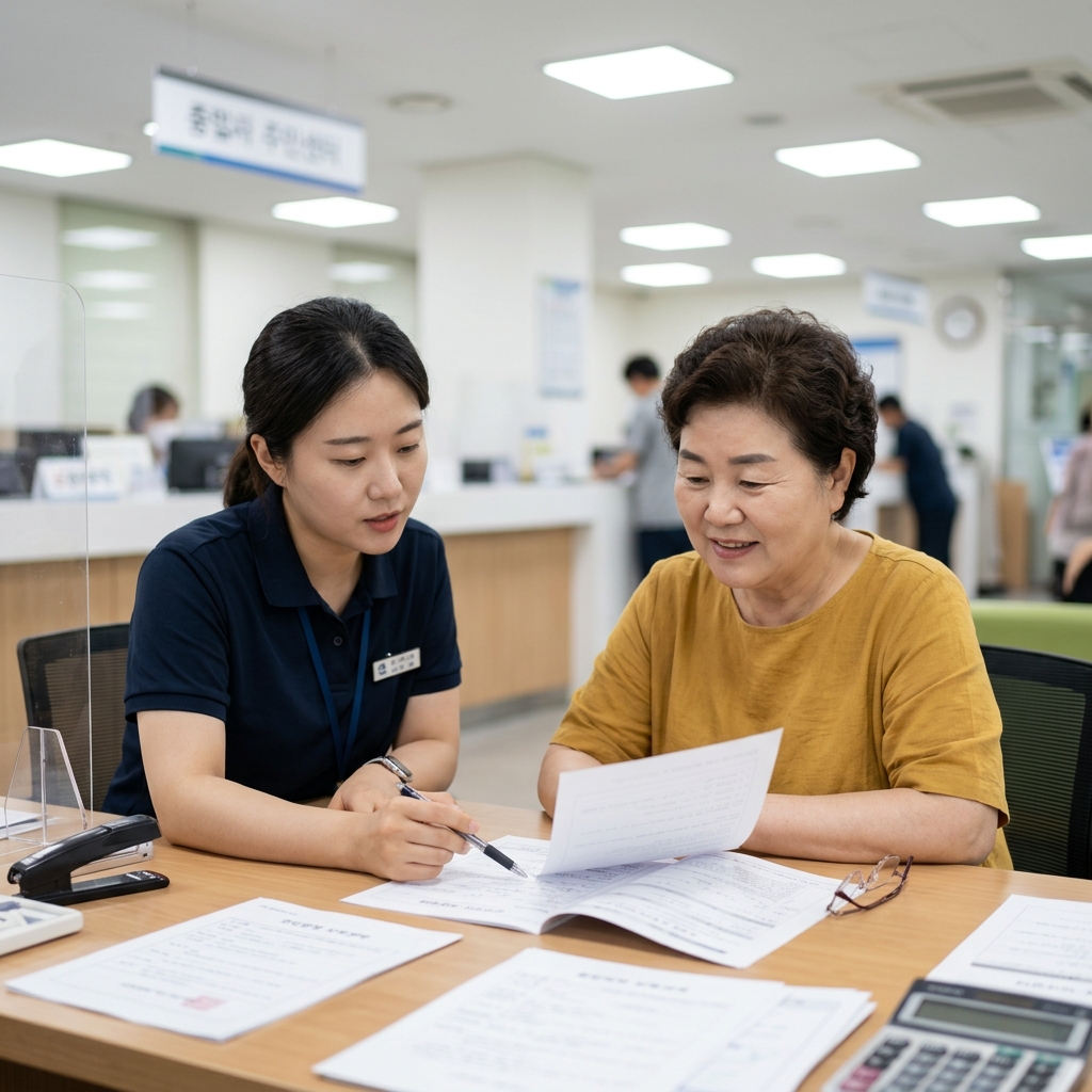 60대 후반 여성이 주민센터 상담 창구에서 직원과 마주 앉아 서류를 펼쳐두고 설명을 듣는 장면, 실내 형광등 조명