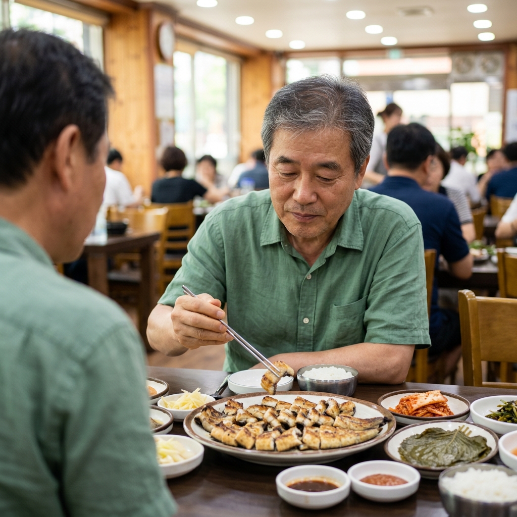60대 남성이 식당 테이블에서 장어구이 접시를 앞에 두고 젓가락을 든 모습, 얇은 셔츠, 실내 조명