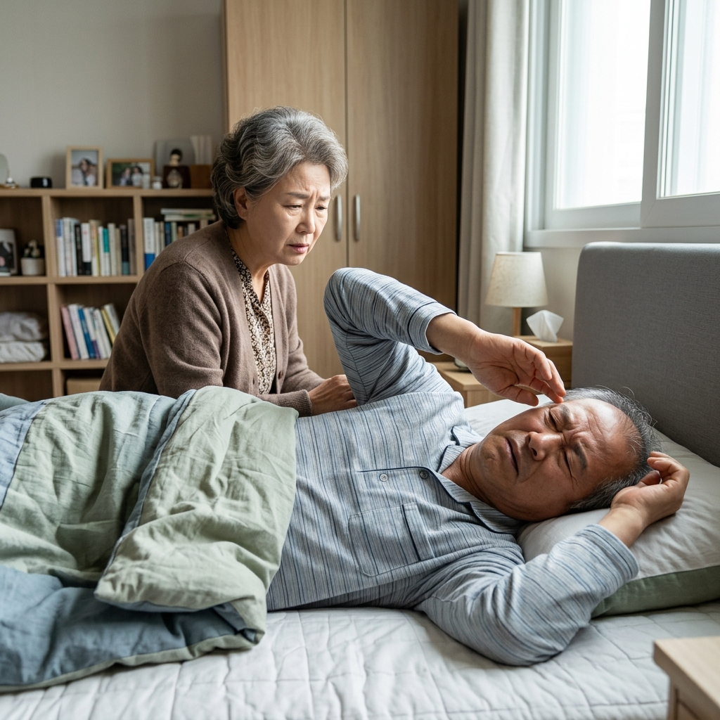 침대에서 잠든 70대 남성이 팔을 들어올리며 표정을 찌푸리는 모습, 옆에서 배우자가 걱정스럽게 바라보는 장면