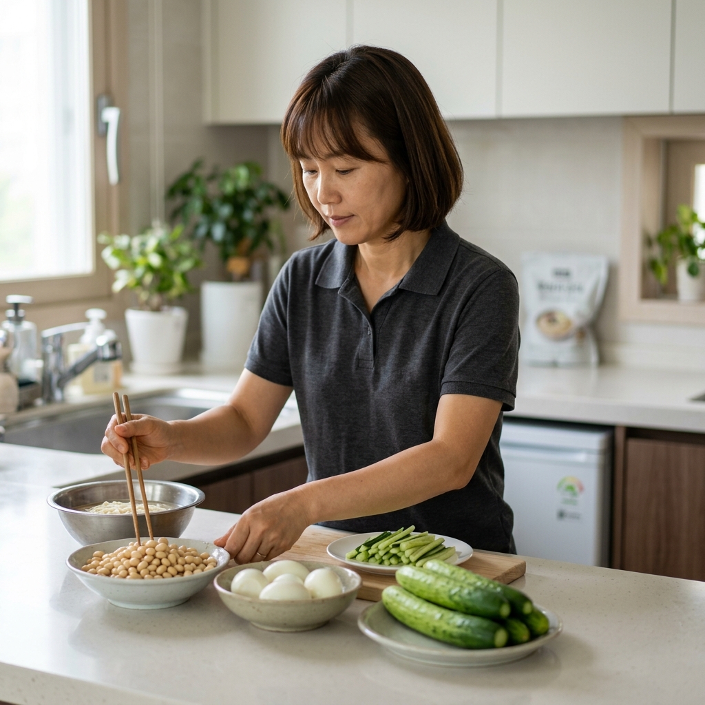 삶은 콩과 오이, 삶은 달걀이 놓인 주방 조리대 위 콩국수 재료 준비 장면
