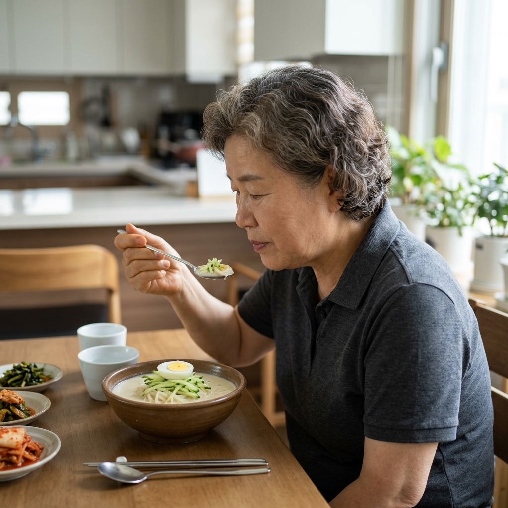 70대 어르신이 식탁에서 오이와 달걀이 올라간 콩국수를 숟가락으로 천천히 드시는 모습