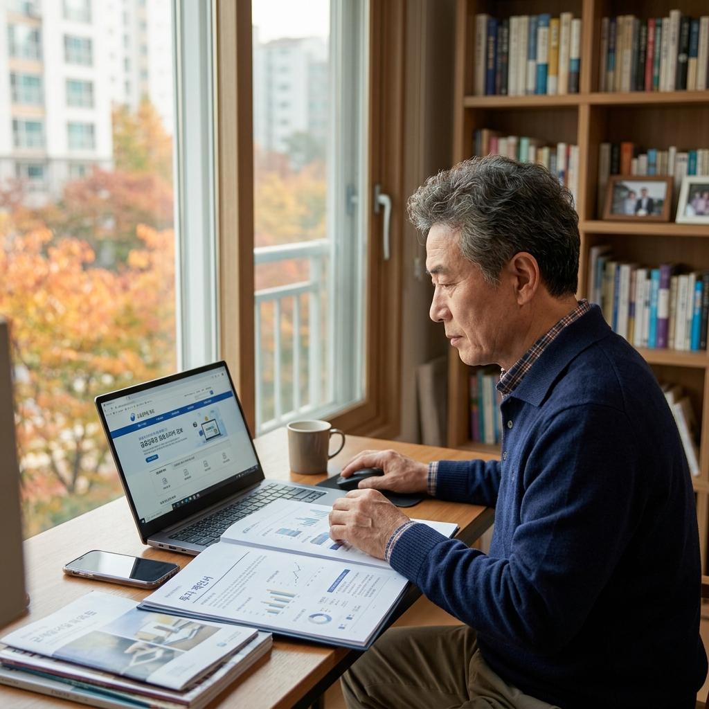 60대 남성이 책상 앞에서 노트북과 투자 제안서를 펼쳐두고 금융감독원 파인 사이트를 확인하는 장면, 실내 책장과 창밖 나뭇잎이 보이는 가을 오후