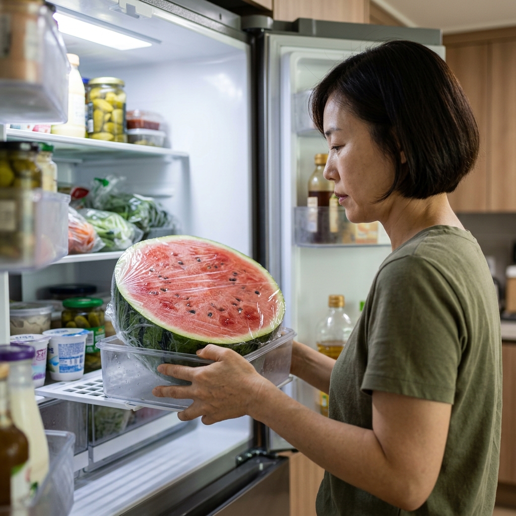 반으로 자른 수박을 랩으로 싼 채 냉장고 선반에 보관하는 모습, 밝은 주방 조명 아래