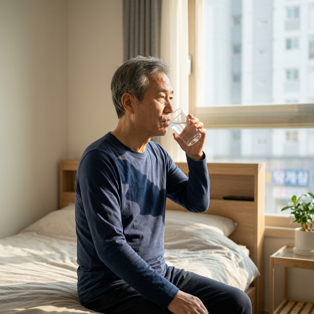 침대 가장자리에 앉아 창밖 아침 햇살을 바라보며 천천히 물 한 컵을 마시는 70대 남성, 얇은 긴팔 셔츠 착용