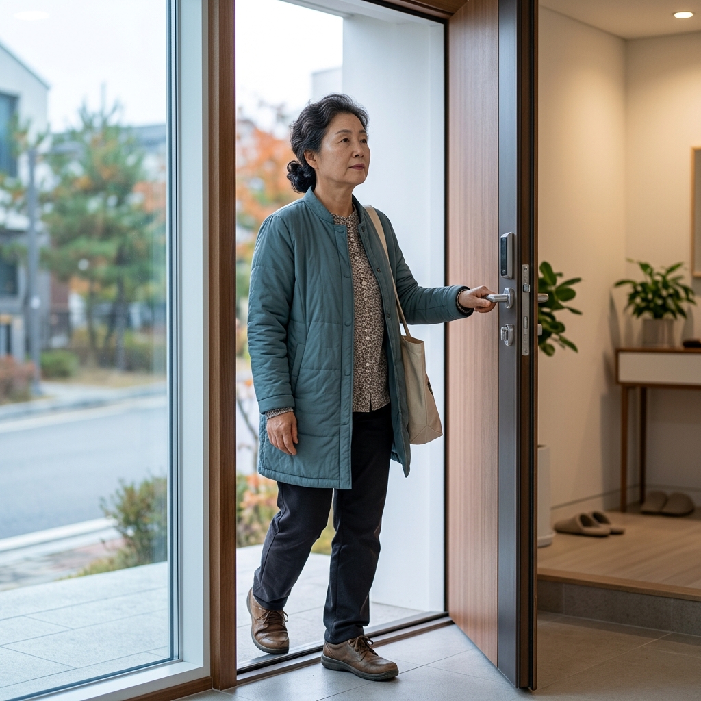 이른 아침 현관문을 열며 외출 준비 중인 70대 여성, 긴팔 옷차림, 창밖으로 서늘한 날씨가 느껴지는 실내 풍경