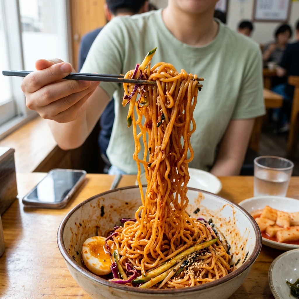 비빔면 면발을 젓가락으로 들어 올린 장면