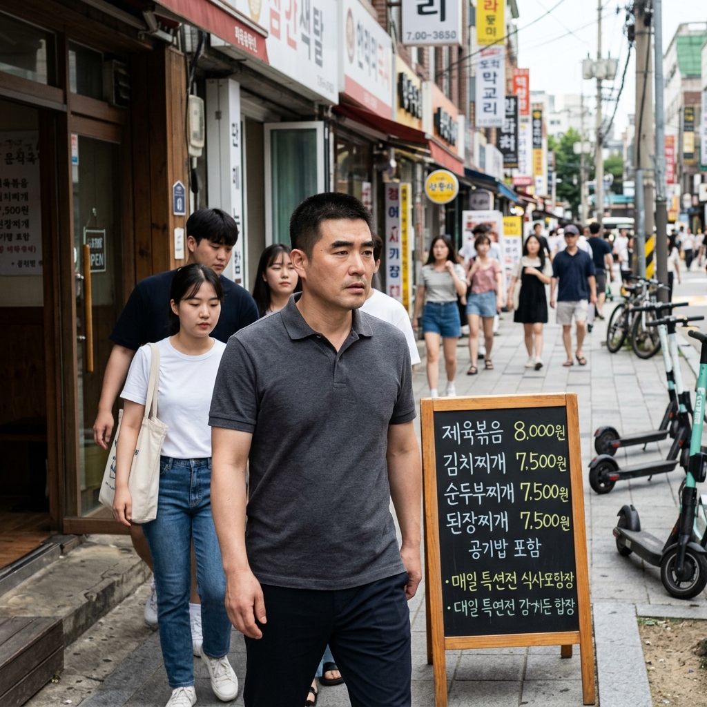 대학가 앞 저렴한 가격이 적힌 식당 메뉴판과 거리를 걷는 학생들의 모습