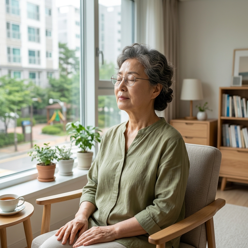 창가에 앉아 깊은 호흡을 하며 눈을 감고 있는 70대 한국인 여성의 모습