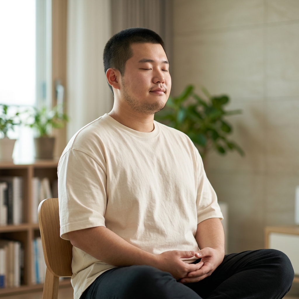 조용한 실내에서 편안히 앉아 눈을 감고 호흡에 집중하는 30대 한국인의 고요한 모습