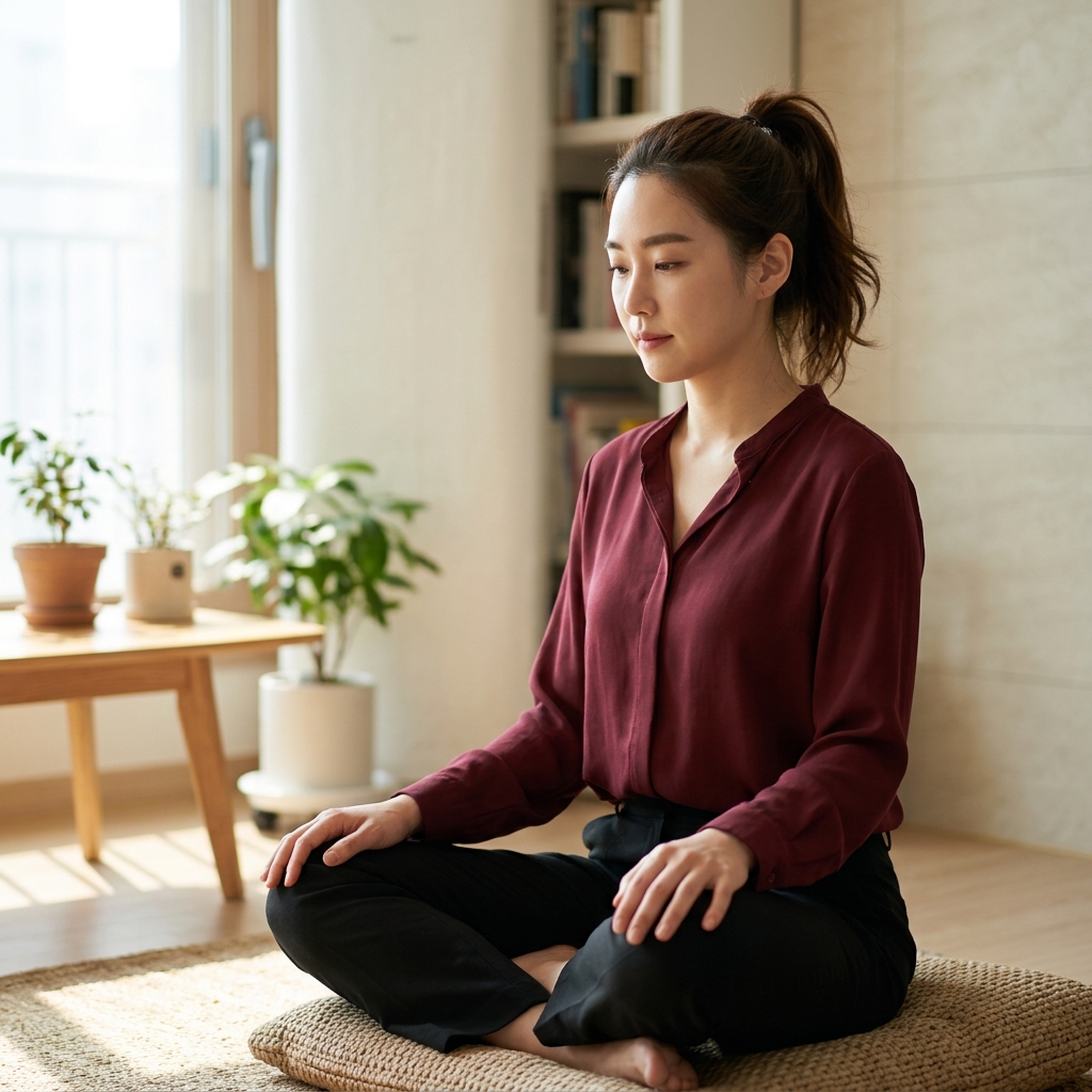 실내에서 바른 자세로 앉아 손을 무릎에 올리고 몸의 감각을 느끼는 한국인의 차분한 모습