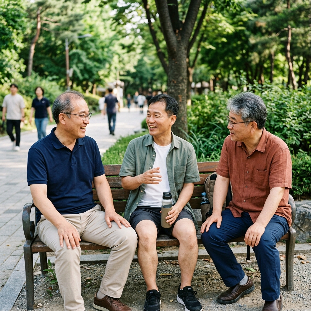 공원 벤치에서 동년배 친구들과 편하게 대화 나누는 50대 후반 한국인들, 자연스러운 야외 조명