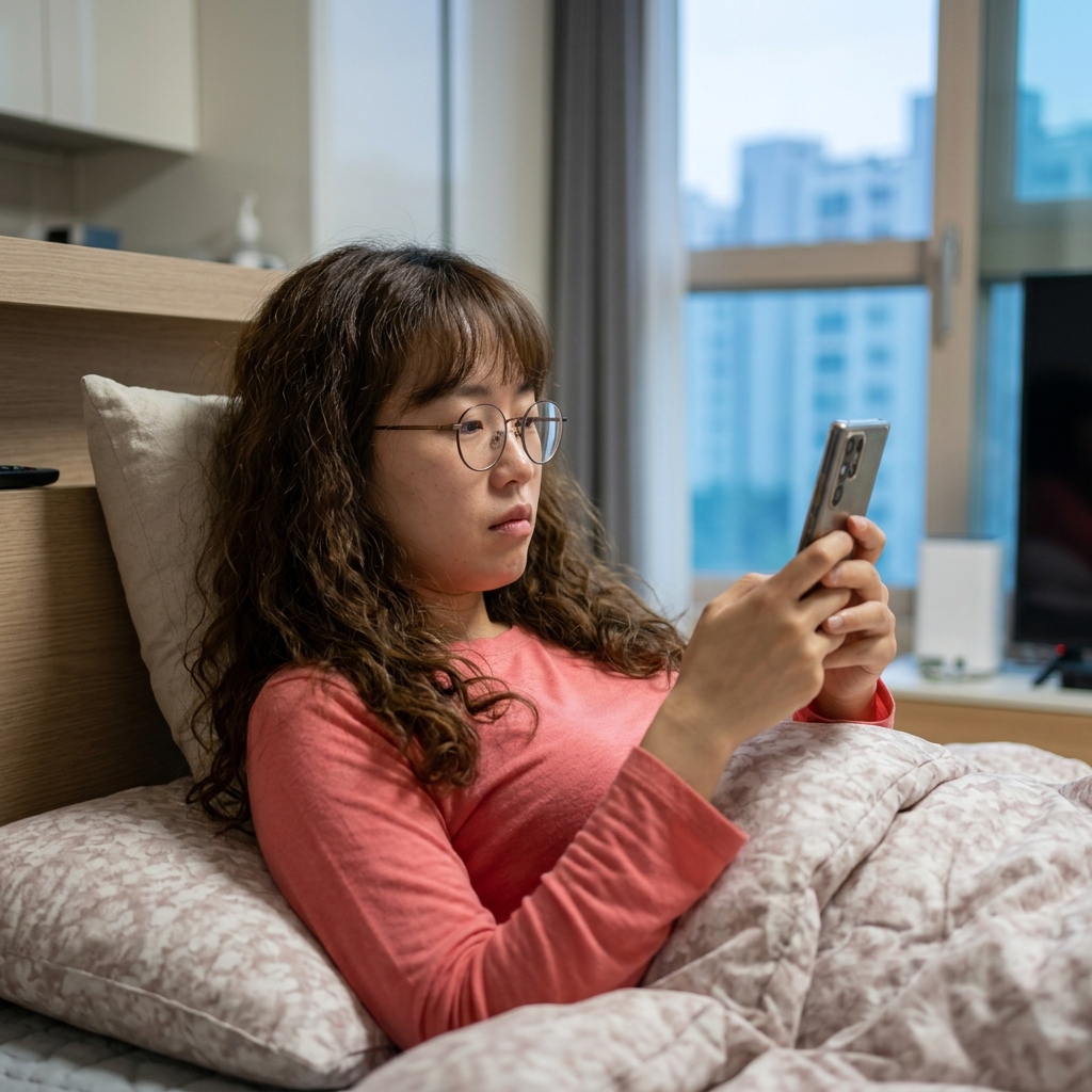 침대에 누워 스마트폰을 보며 피곤한 표정을 짓고 있는 20대 후반 직장인, 얇은 긴소매 티셔츠 차림, 창밖으로 보이는 이른 아침 빛