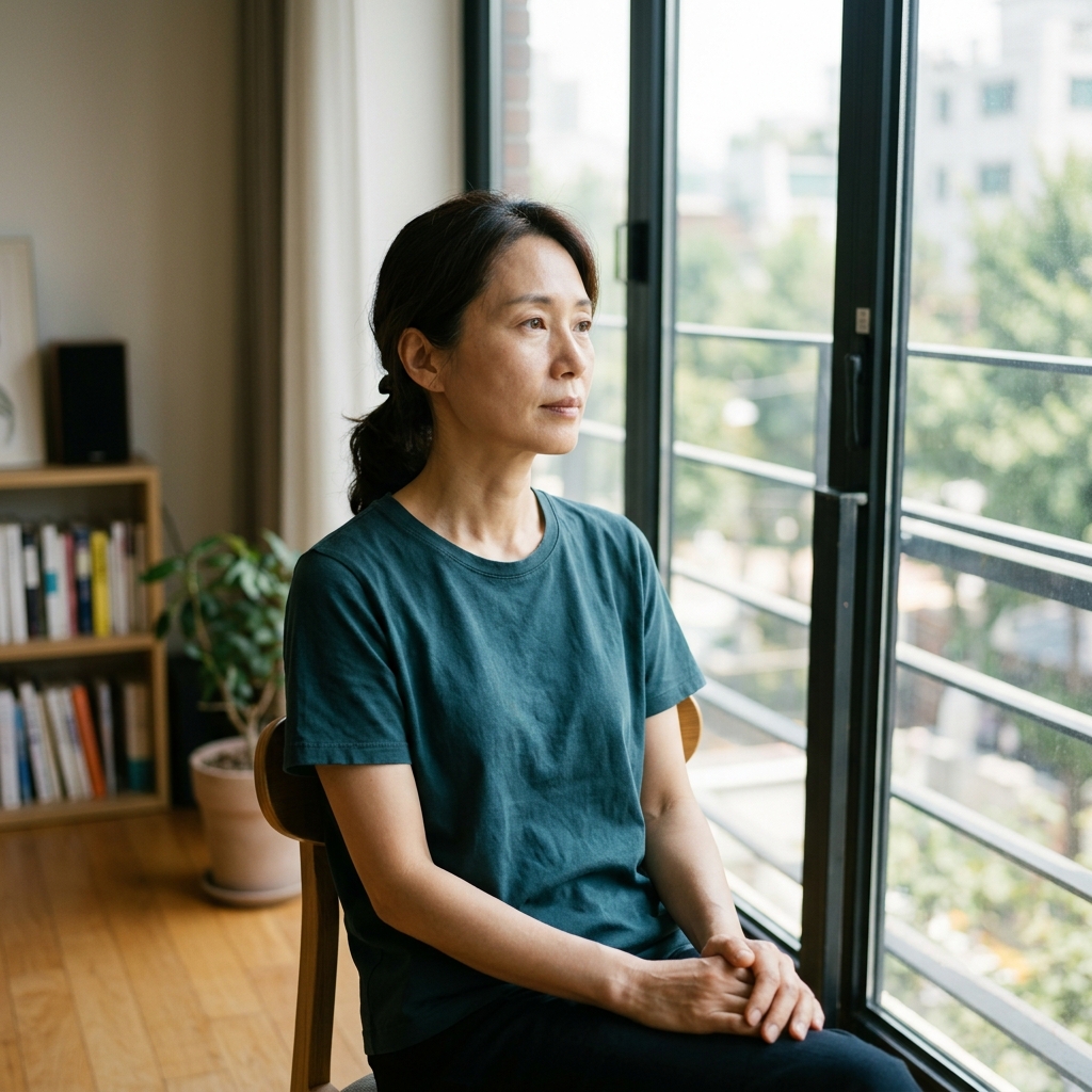 창가 의자에 앉아 무릎에 손을 모은 채 창밖을 내다보는 40대 중반 한국인 여성, 실내는 밝은 자연광이 들어오지만 표정은 담담하고 시선은 허공을 향함, 가벼운 반팔 셔츠 차림