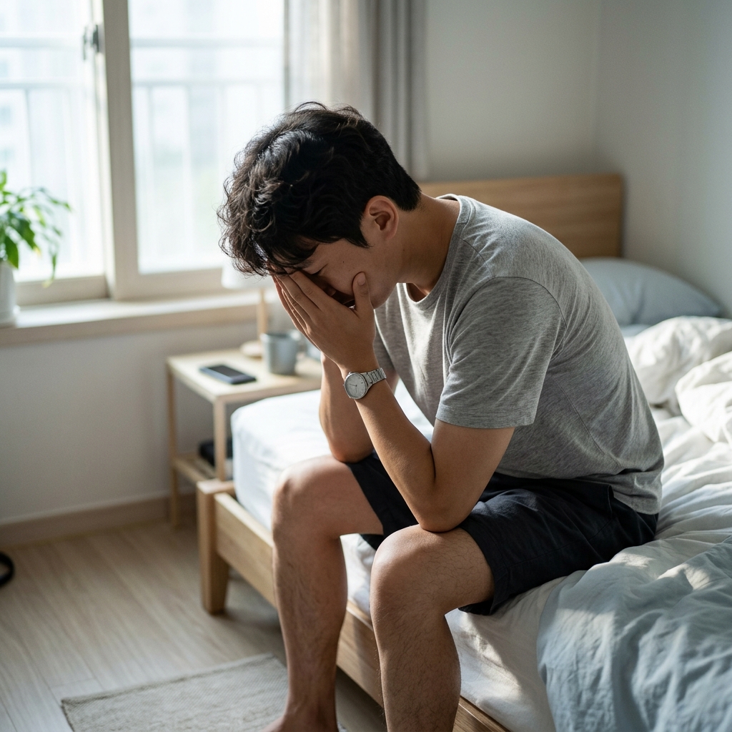 침대 가장자리에 앉아 머리를 감싸 쥔 채 고개를 숙인 30대 후반 한국인 남성, 침실 창으로 아침 햇빛이 들어오지만 얼굴은 그늘져 보이며 손목시계는 아침 시간을 가리킴, 얇은 티셔츠와 반바지 차림