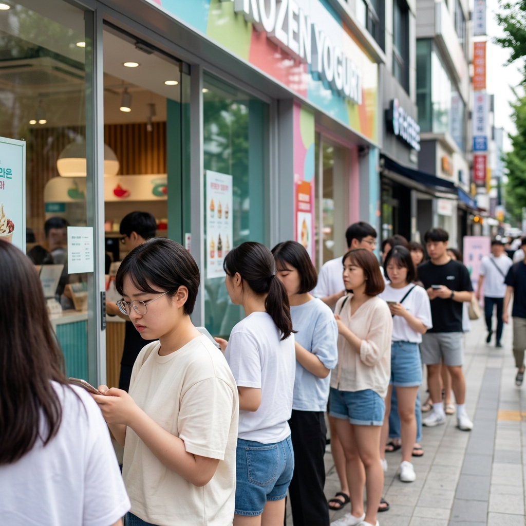 요거트 아이스크림 매장 앞에 줄 서 있는 고객들