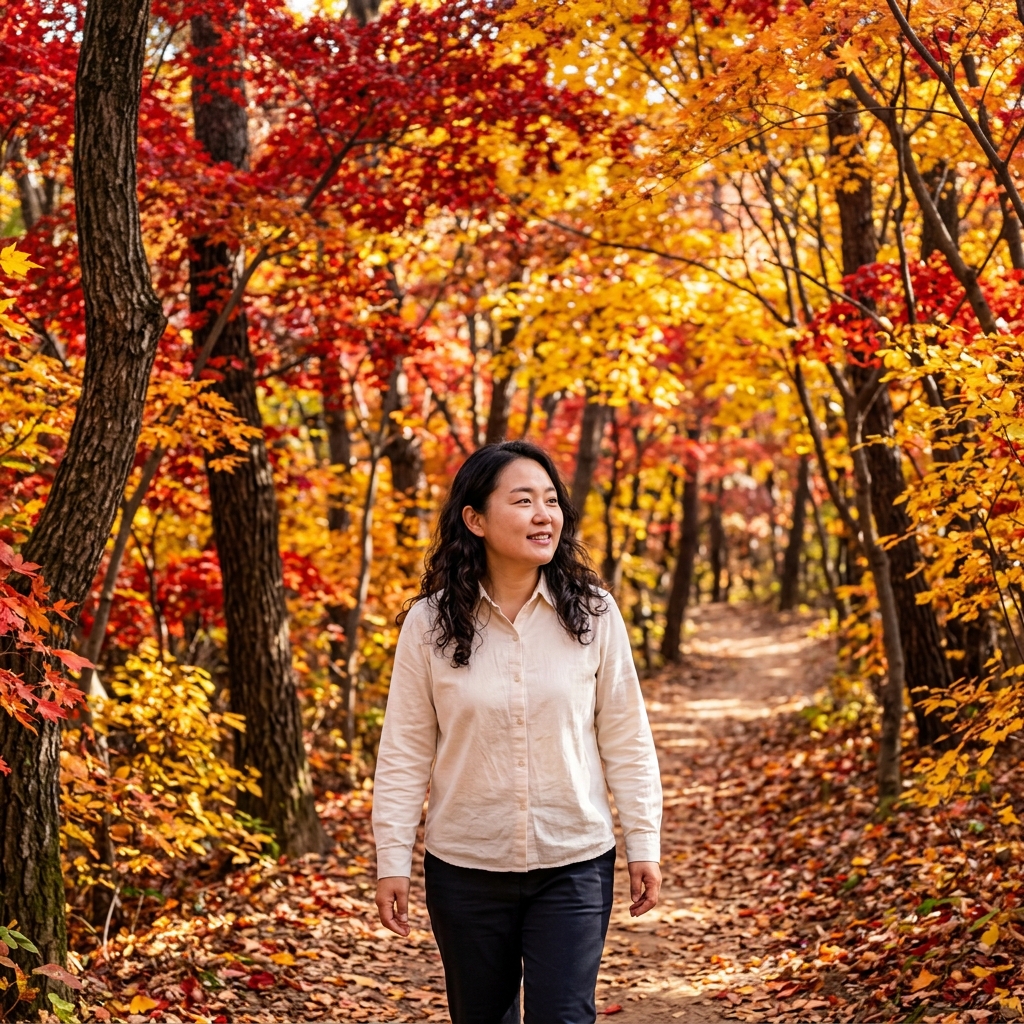 가을철 단풍나무 숲의 전경, 초록색에서 붉은색으로 변해가는 과정