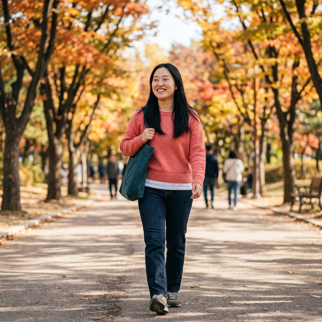 가을 햇살 아래 산책하며 미소 짓는 사람