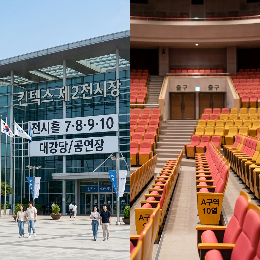 킨텍스 전시장 외관과 공연장 내부 좌석 배치 모습