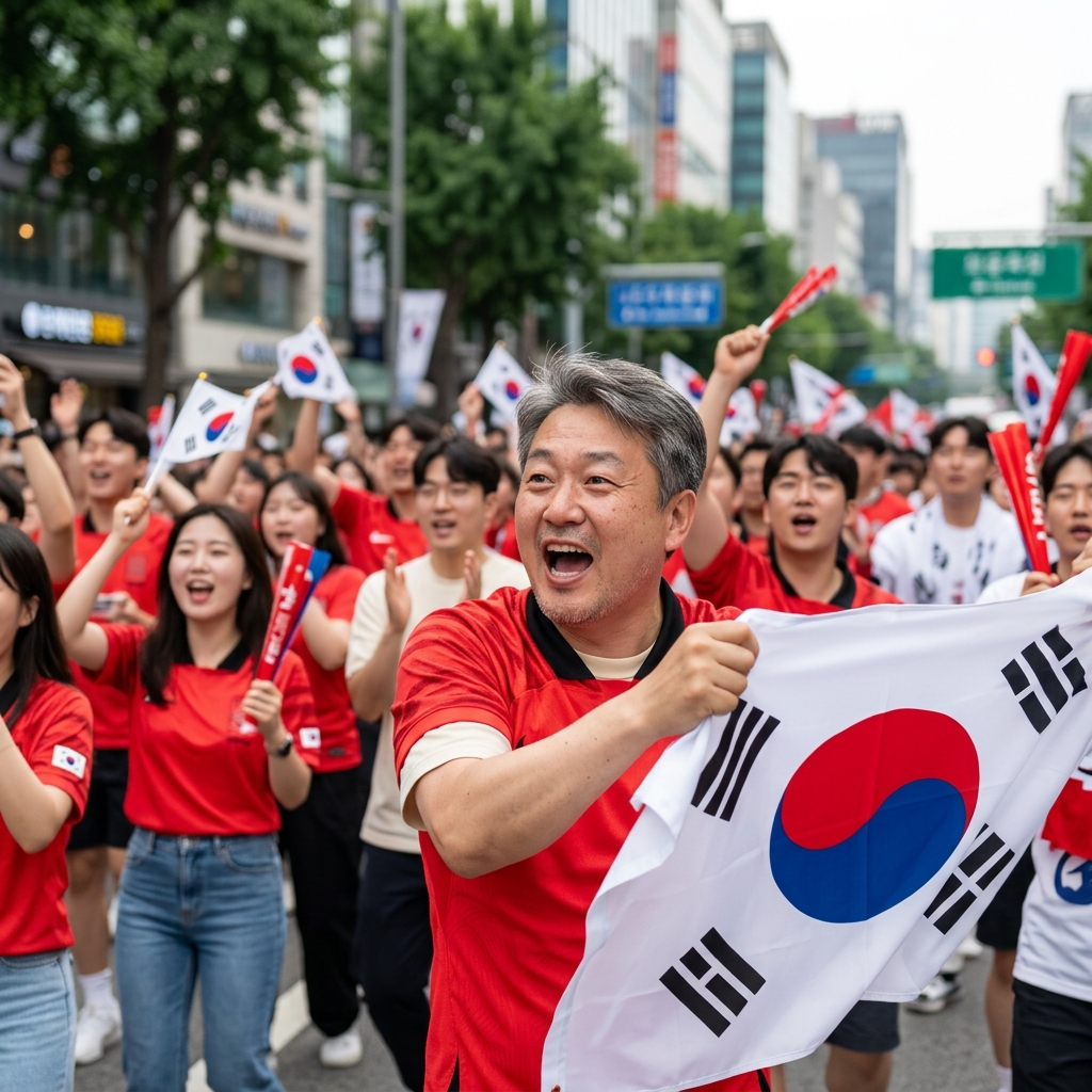 붉은색 옷을 입고 태극기를 흔들며 거리에서 열정적으로 축구를 응원하는 사람들의 모습
