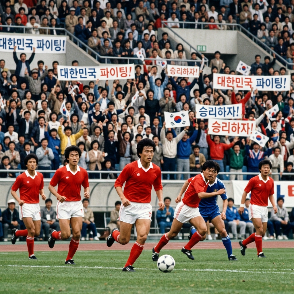 1980년대 붉은색 유니폼을 입고 뛰는 한국 축구 선수들과 그들을 응원하는 관중석의 모습