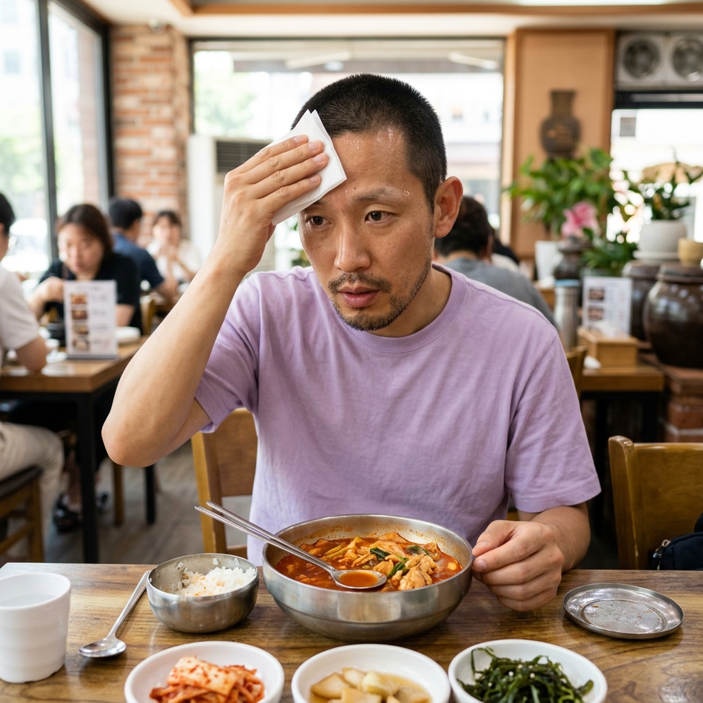 한국인 20대 여성이 매운 음식을 먹으며 땀을 닦는 모습