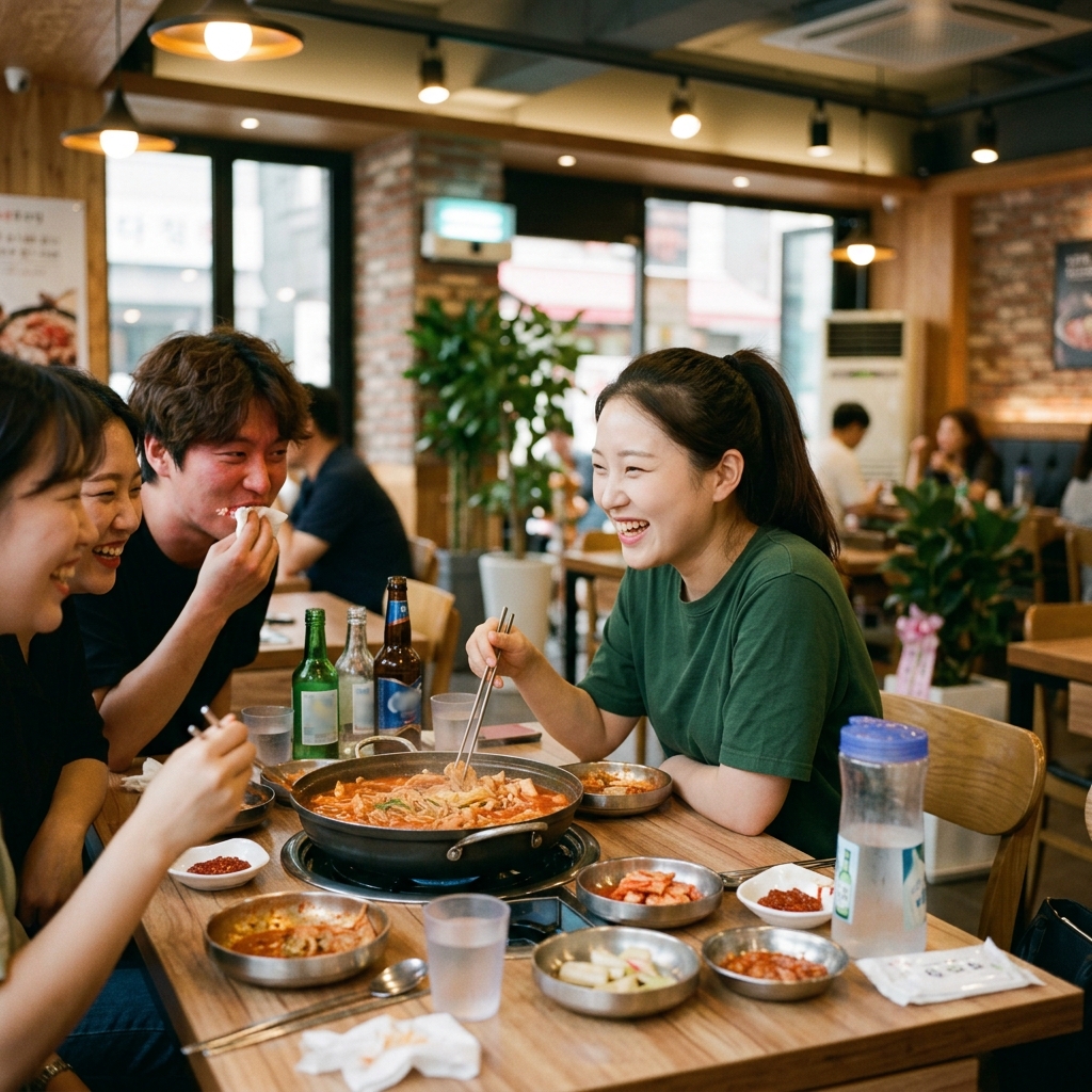 실내 식당에서 매운 음식을 먹으며 즐거워하는 한국인 친구들