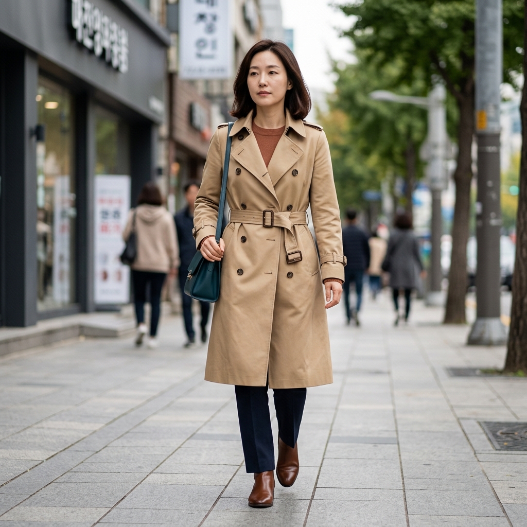 더블브레스트와 벨트가 있는 클래식 트렌치 코트를 입은 여성의 전신 모습