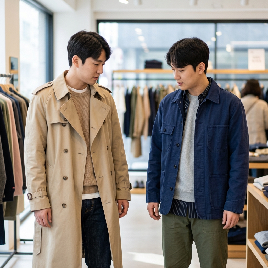베이지 트렌치 코트와 네이비 초어 코트를 나란히 비교한 장면