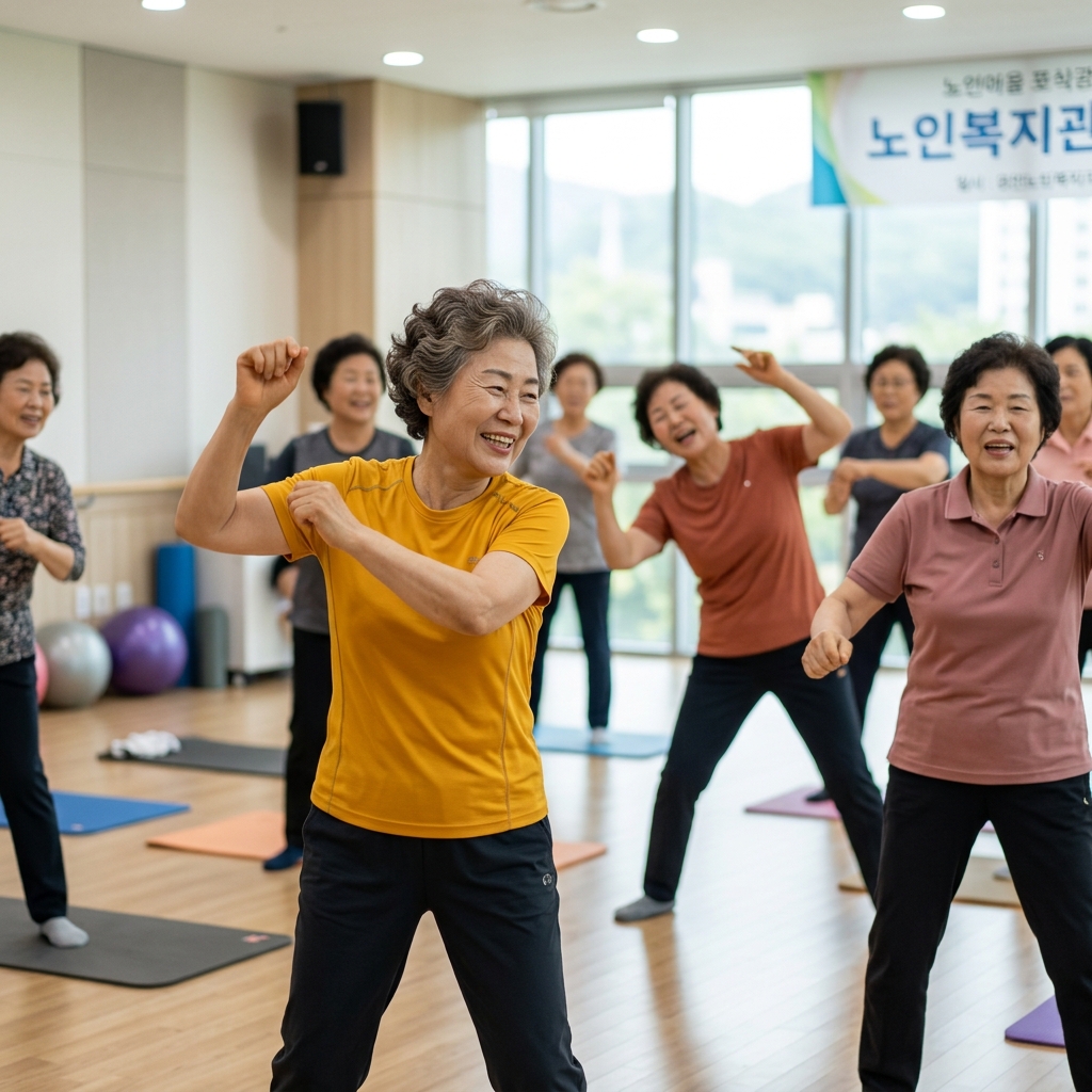 노인복지관 프로그램실에서 건강체조 프로그램에 참여 중인 한국인 60대 여성들, 밝은 실내 조명, 활기찬 분위기
