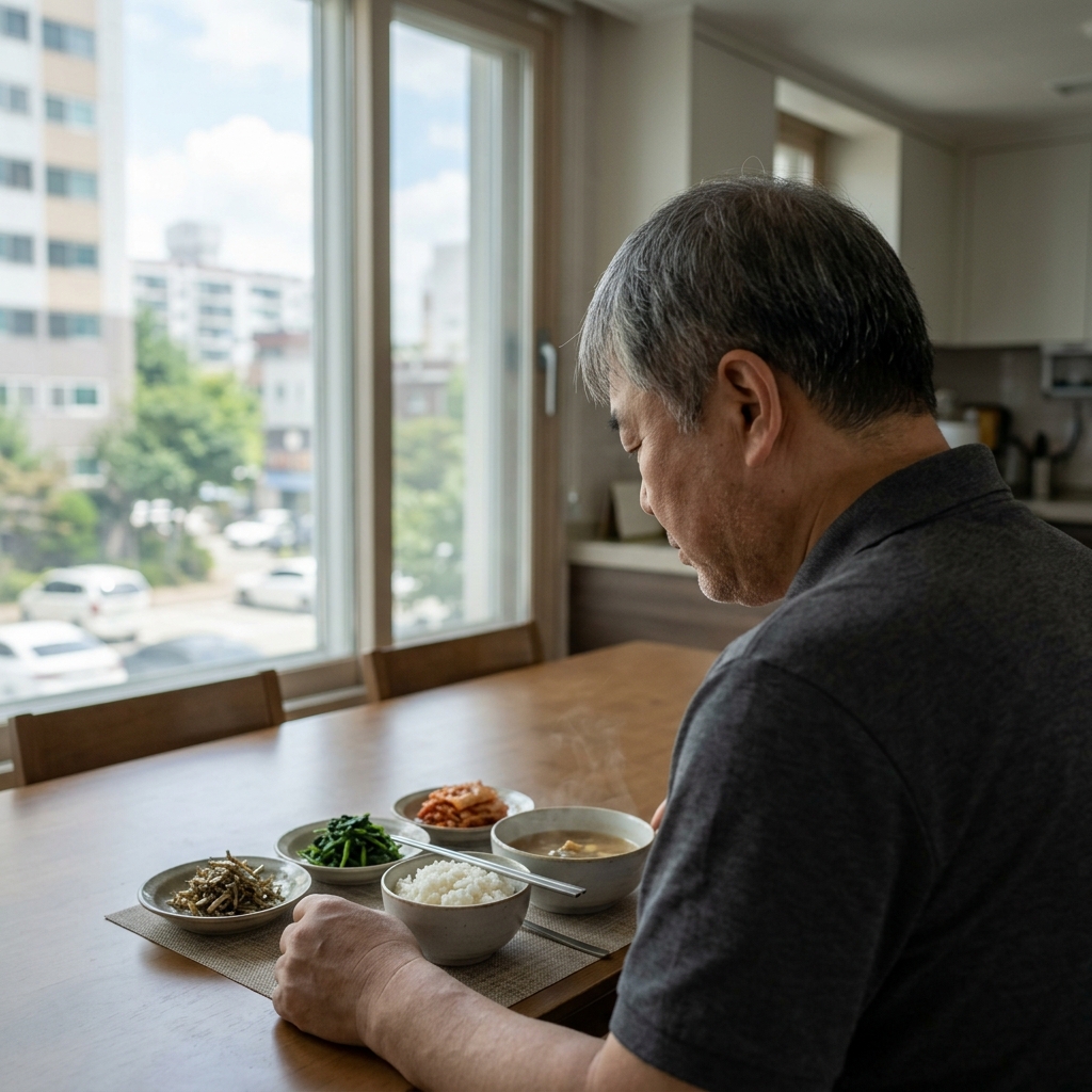 식탁에 혼자 앉아 식사하는 70대 한국인 남성, 창밖으로 낮 풍경이 보이고 테이블 위에는 소량의 반찬과 밥 한 그릇이 놓여 있는 장면