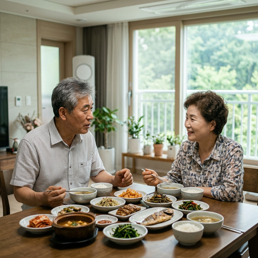 식탁에 둘러앉아 함께 식사하는 60대 후반 한국인 부부, 여러 반찬이 놓인 상 위로 대화하는 모습, 밝은 실내 조명과 창밖으로 녹음이 보이는 배경