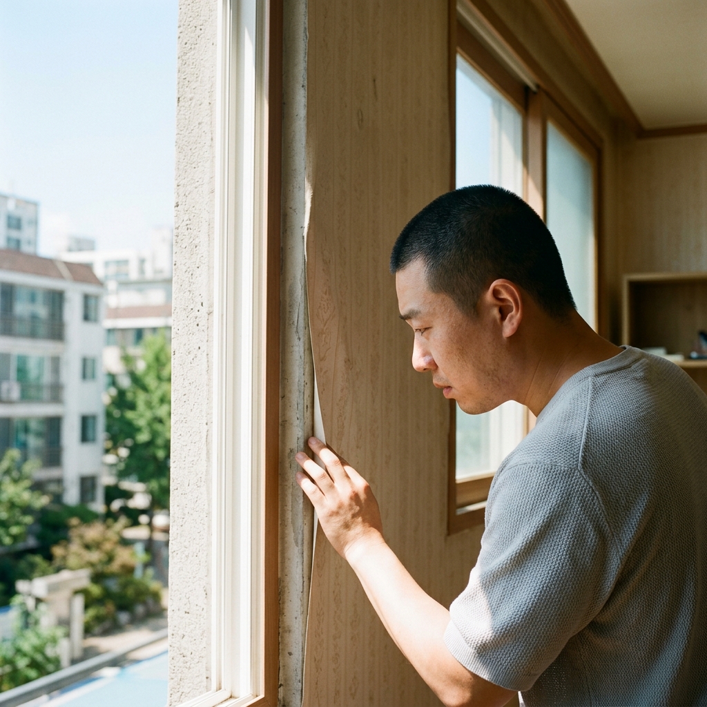 외벽과 맞닿은 벽면의 들뜬 벽지를 확인하는 모습, 창밖으로 장마 지난 뒤 밝은 햇살이 들어오는 여름 실내
