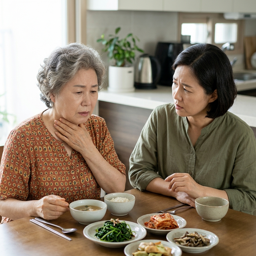 70대 한국인 여성이 실내 식탁에서 식사 중 목을 짚으며 불편한 표정을 짓고, 옆에 앉은 40대 한국인 여성 보호자가 걱정스럽게 지켜보는 장면